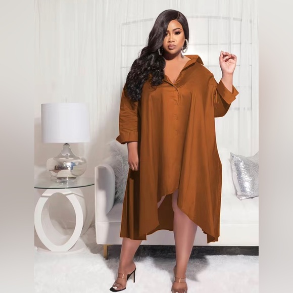 Plus Size Satin Button Front Hem Oversized Elegant Loose Fit Shirt Dress - Picture 9 of 13